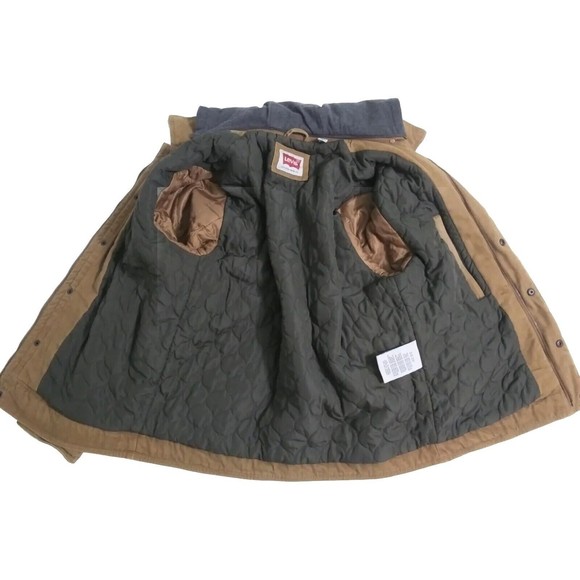 Levis Jacket Men's Medium Brown Lined Zip Snap Canvas Hoodie Trucker Coat - Picture 4 of 10